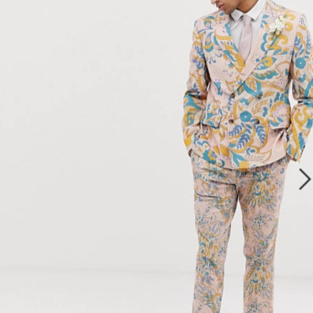 ASOS DESIGN Wedding Multicolored Pastel Pink Paisley Suit (Pants + Blazer/Suit)